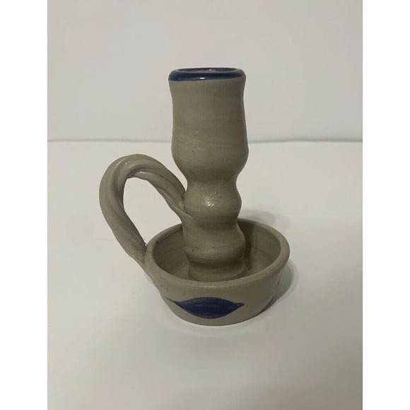 Vintage Williamsburg Pottery Factory Salt Glazed Candleholder Gray w/Cobalt Blue - Picture 1 of 8